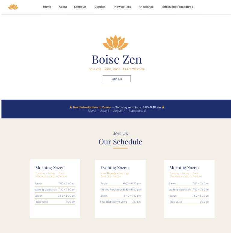 Website homepage design of Boise Zen, a meditation center in Boise, Idaho, showing their weekly zazen schedule.