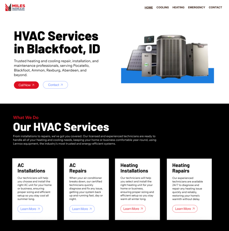 Miles Heating and Air Conditioning website design for HVAC company in Blackfoot Idaho