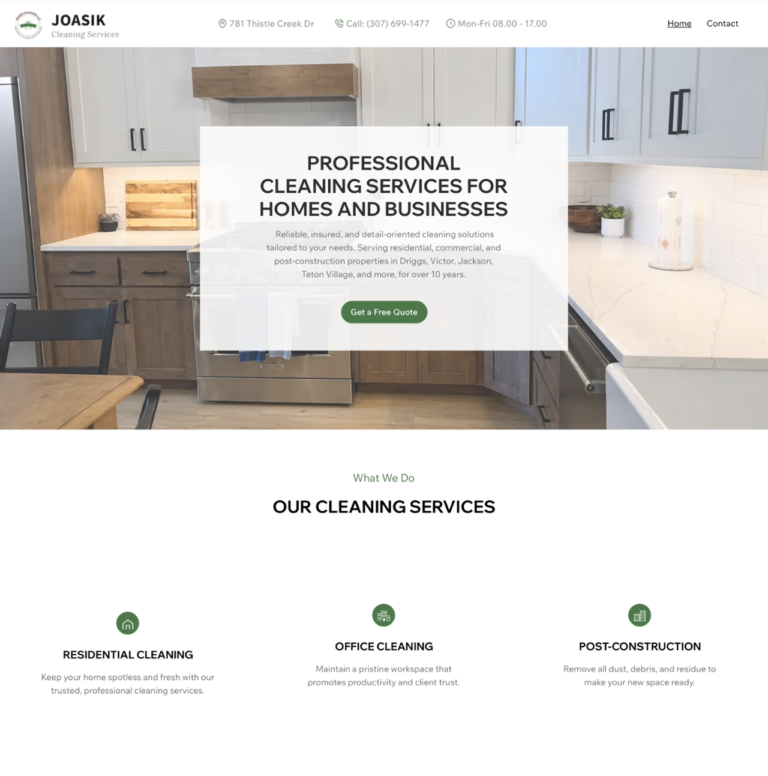 Joasik Cleaning Services website design for cleaning company in Driggs and Teton County Wyoming