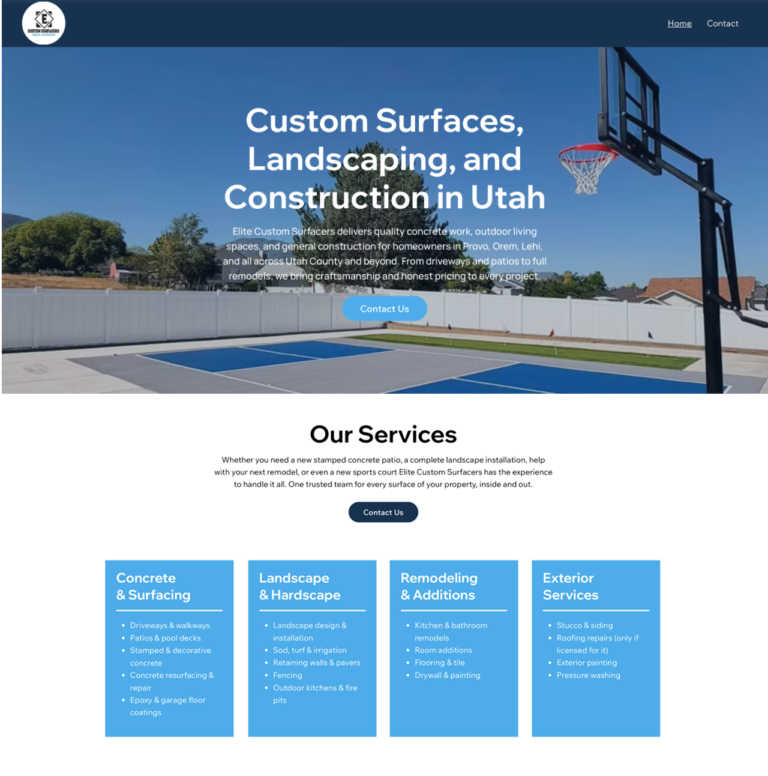 Elite Custom Surfacers website design for concrete landscaping and construction company in Utah County