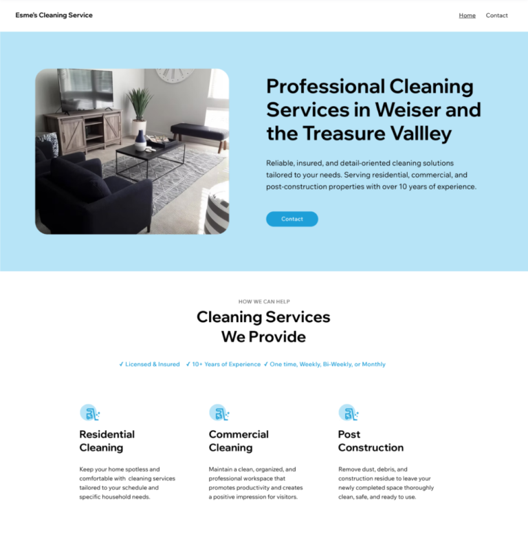 Esmes Cleaning Service website design for professional cleaning company in Weiser Idaho and Treasure Valley