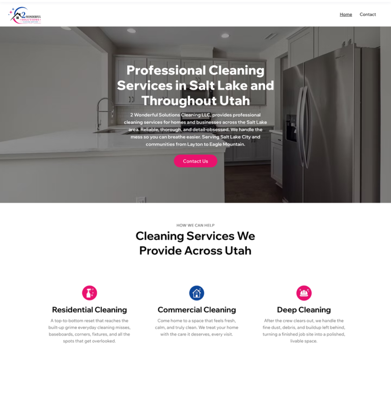 2 Wonderful Solutions Cleaning LLC website design for residential and commercial cleaning company in Salt Lake City Utah