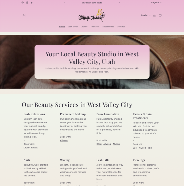 BeUtahful Aesthetics beauty studio Shopify website design for lash nail and skin treatment studio in West Valley City Utah