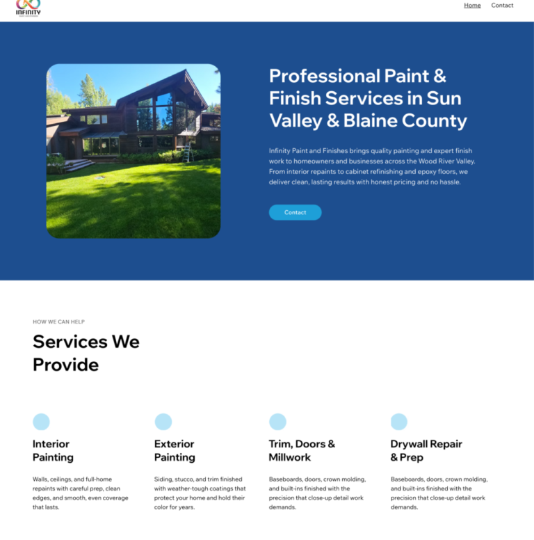 Infinity Paint and Finish website design for painting and finish services company in Sun Valley and Blaine County Idaho