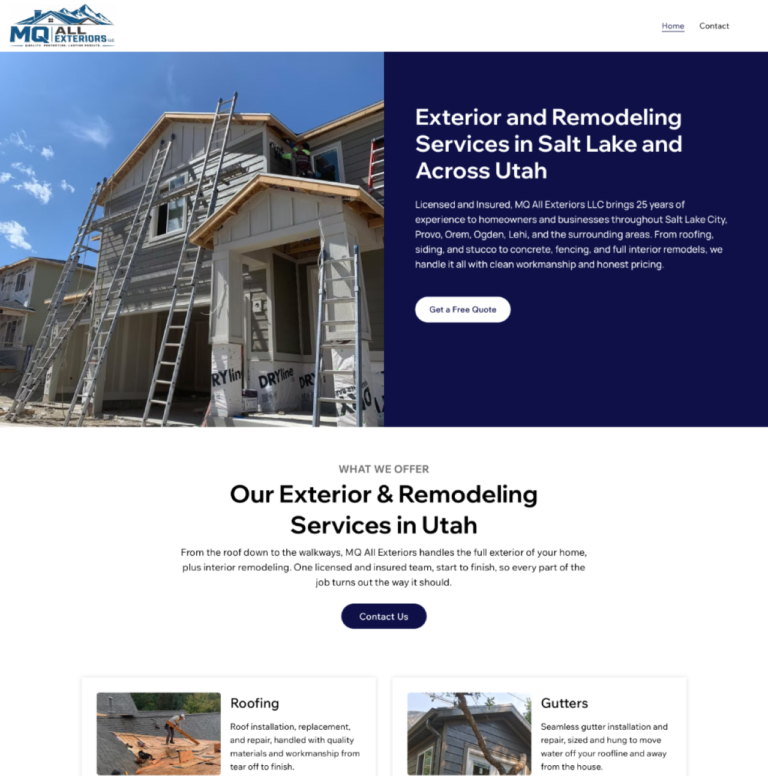 MQ Exteriors website design for exterior and remodeling company in Salt Lake City and across Utah