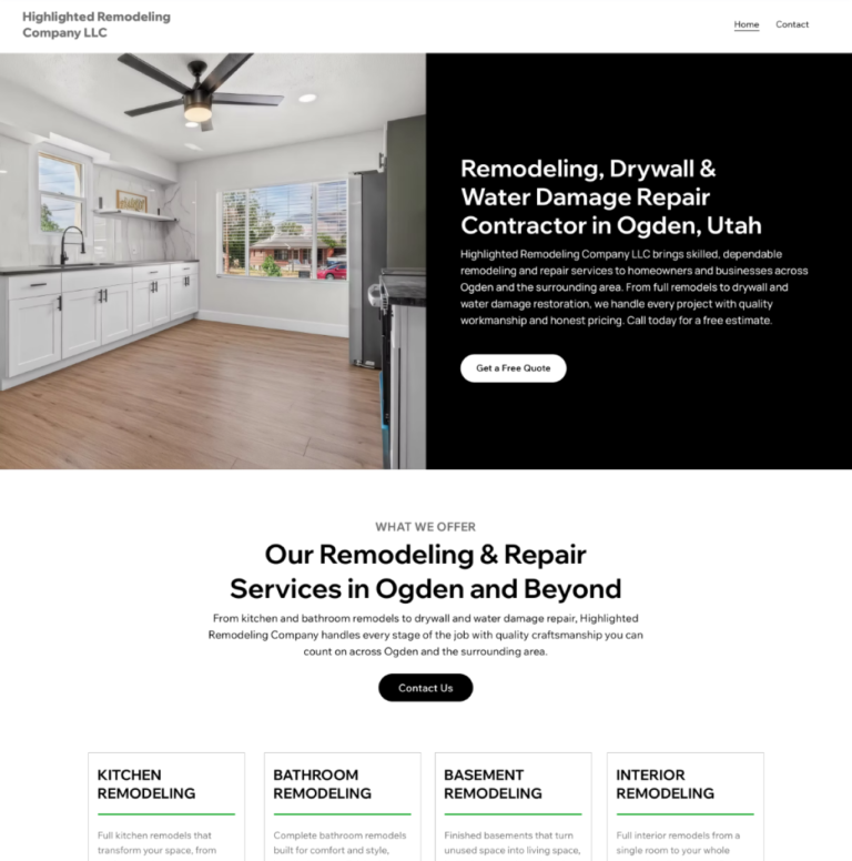 Highlighted Remodeling Company LLC website design for remodeling drywall and water damage repair contractor in Ogden Utah